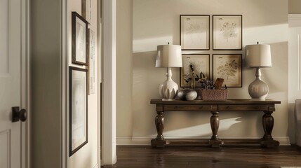 A welcoming entrance hall with a stylish console table and decorative accents, setting the tone for hospitality."