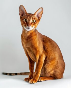 Brown cheetoh cat sitting majestically on a pristine white floor