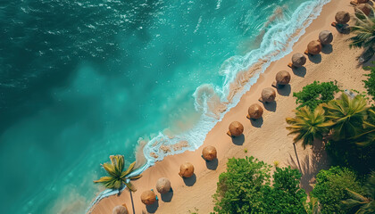 Overhead shot from a drone looking down on rows of sun beds on a Caribbean beach