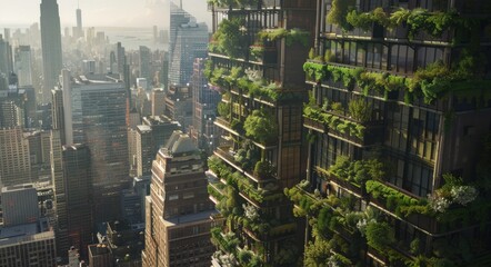 Obraz premium Sustainable Tree Growing on City Building Rooftop, To promote the benefits of sustainable and eco-friendly building design in urban environments