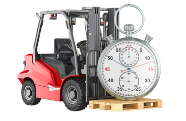 Forklift truck with stopwatch. Fast delivery and shipping concept, 3D rendering isolated on transparent background