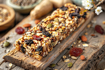 Dense and nutritious cereal bars, with visible pieces of dried fruit and seeds, all enriched with cricket flour, arranged on a natural background to highlight their energizing and sustainable appeal