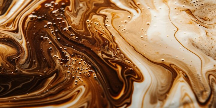 Close up abstract brown caramel shapes latte art in coffee. Liquid texture coffee background macro. Cappuccino and milk foam close up view. High quality photo