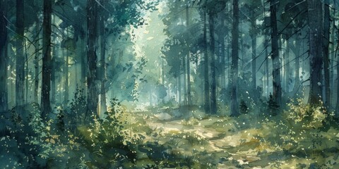 Rustic Forest Landscape in Watercolor Generative AI