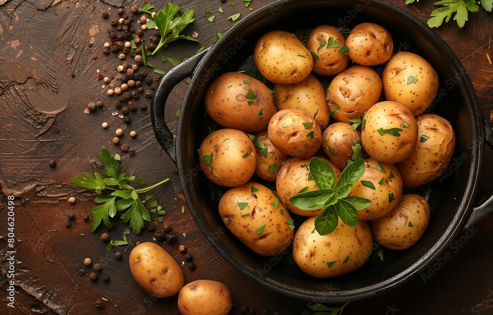 Wall mural Potatoes arranged in a pot on brown surface, showcasing soil and sliced pieces - Wall murals