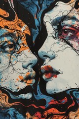 Abstract painting of two faces merging with swirling patterns of black, orange, and blue ink splashes.