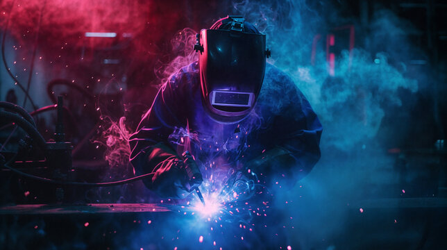 A welder works at a factory. Sparks from welding in neon lights