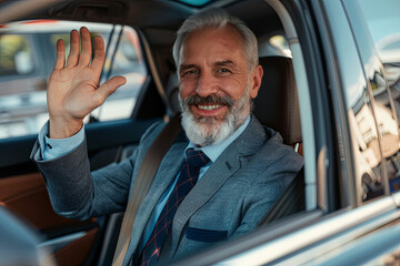 Mature businessman dressed in a professional suit, waving his hand in a friendly greeting gesture while driving a car, demonstrating multitasking and a positive attitude