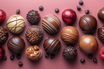 Assorted gourmet chocolates with various toppings, offering a luxurious and tempting dessert experience.