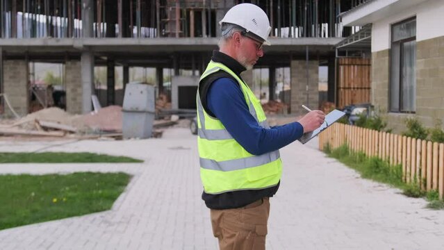 Professional engineer inspector conducts quality control assessment at construction site using digital tablet with stylus, comparing building drawings with the process of constructing  new complex.