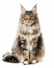 Long-haired Maine Coon cat sitting elegantly on a clean white surface