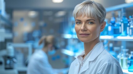 Experienced Female Scientist in Lab Coat Working in Modern Laboratory Setting