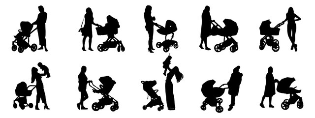 set of silhouettes of women's with stroller vector for mother's day