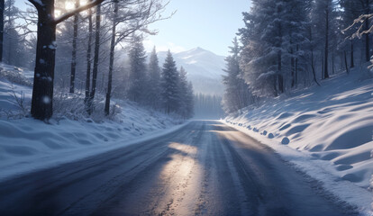 Naklejka premium The landscape of the road stretching into the distance. The American highway. The wilderness, a rural country road. The empty road of dreams. Winter snow background landscape