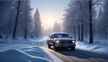 The landscape of the road stretching into the distance. The American highway. The wilderness, a rural country road. The empty road of dreams. Winter snow background landscape truck