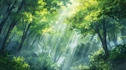 green forest with sun rays, in the style of cartoon, in the style of anime, pastel colors, digital...