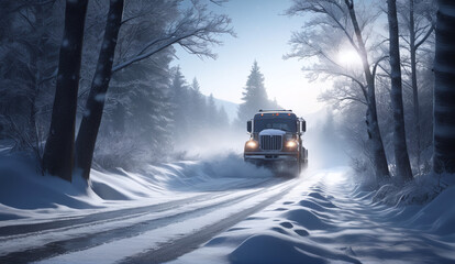 The landscape of the road stretching into the distance. The American highway. The wilderness, a rural country road. The empty road of dreams. Winter snow background landscape truck