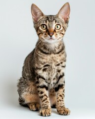 Obraz premium A small Ocicat cat sitting elegantly on top of a pristine white floor, gazing enchantingly at the viewer