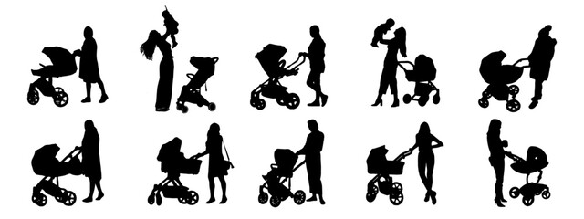 set of illustration silhouettes of women's with stroller vector for mother's day