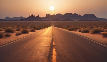 The landscape of the road stretching into the distance. The American highway. The wilderness, a rural country road. The empty road of dreams.  Desert background landscape emptiness