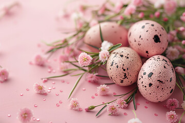 Pink wallpaper with pink painted eggs and a pink background. With free space for text.