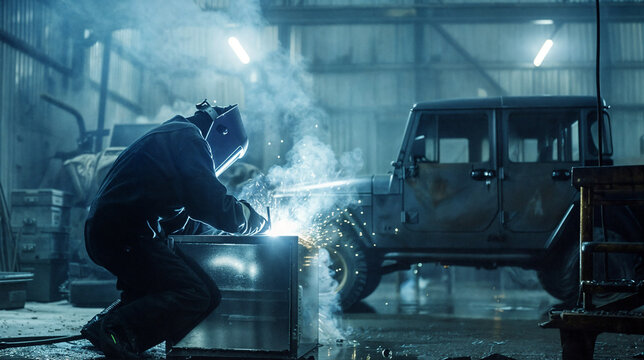 A welder works in a car repair shop. Sparks from welding.