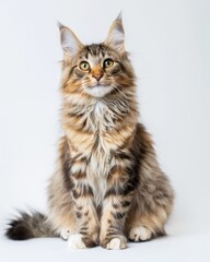 Fototapeta premium A Sam Sawet cat with flowing fur sits serenely on a white background