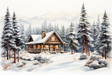 A cozy cabin nestled among towering pine trees in a snowy wilderness, isolated on solid white background.