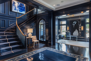 Elegant American entrance hall in deep indigo, showcasing a grand staircase and refined modern art.