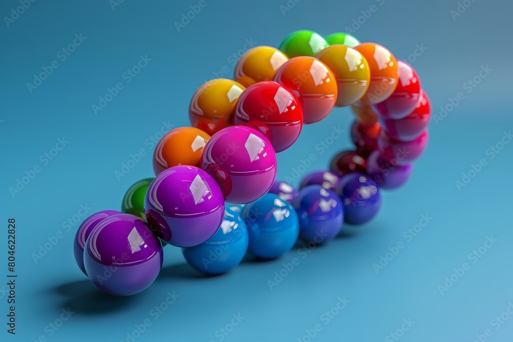 Poster glossy multi-colored spheres arranged in a double helix structure against a solid blue background