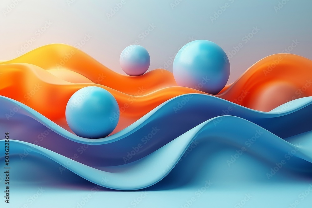 Aufkleber fluid wave-like forms create a surreal landscape with contrasting spheres floating effortlessly abov