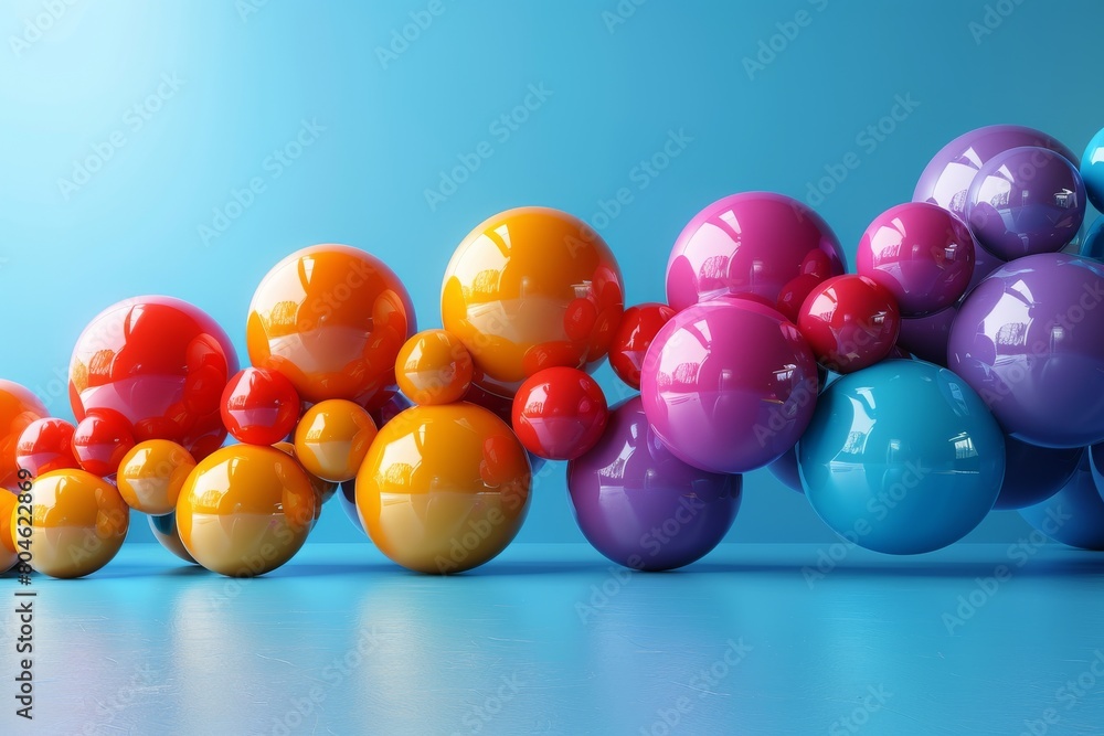 Poster stacks of multicolored spheres balancing against each other with a play of shadows and light