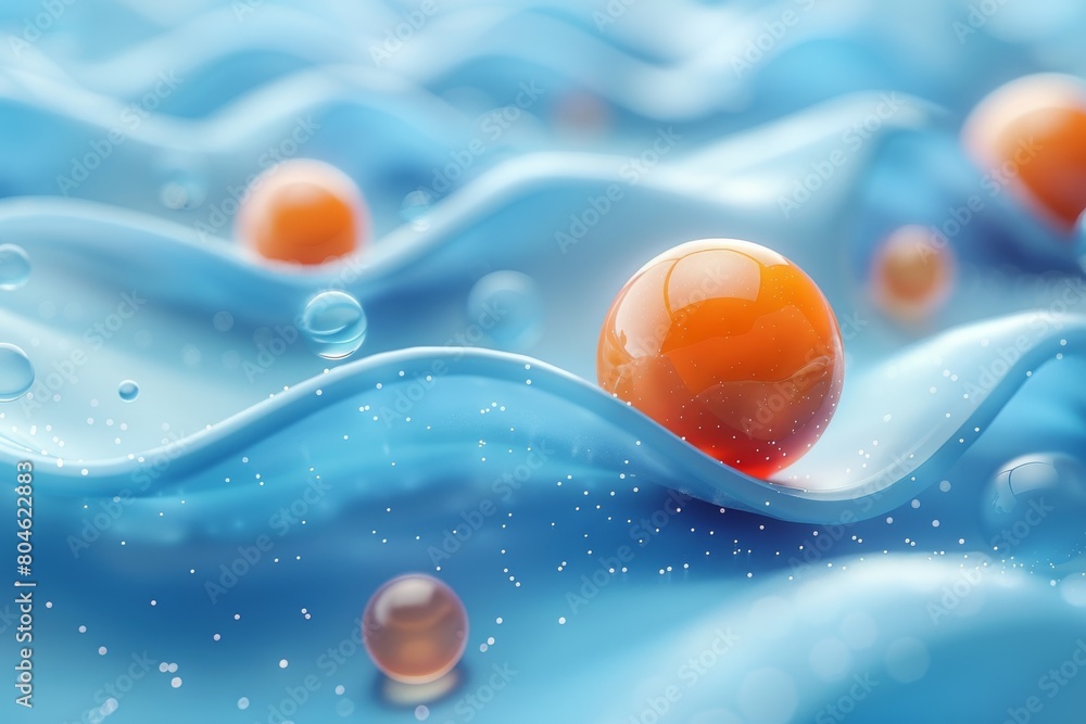 Poster glossy spheres appear suspended on a textured liquid surface, creating an intriguing play of light