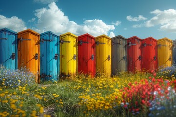 A picturesque array of wooden beach huts in vivid colors amidst a wildflower meadow under a clear blue sky