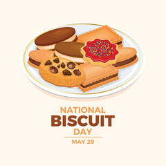 National Biscuit Day poster vector illustration. Cookies on a plate icon vector. Shortbread cookie drawing. Template for background, banner, card. May 29 every year. Important day