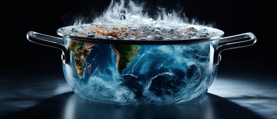 Dramatic visual of Earth encapsulated in a giant boiling pot, creatively representing the concept of Global Boiling