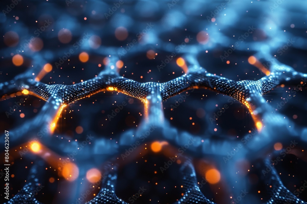 Poster a digital illustration of a closeup view on a hexagonal pattern with a glowing neon effect that reso