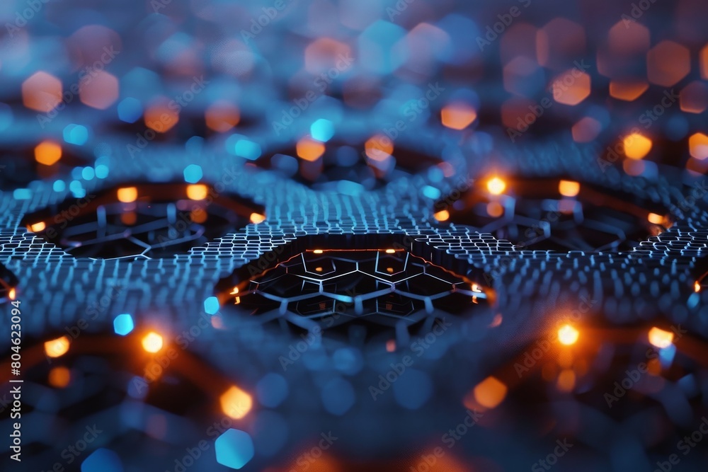 Poster a digitally created landscape with a detailed hexagonal pattern and a focus on glowing nodes suggest