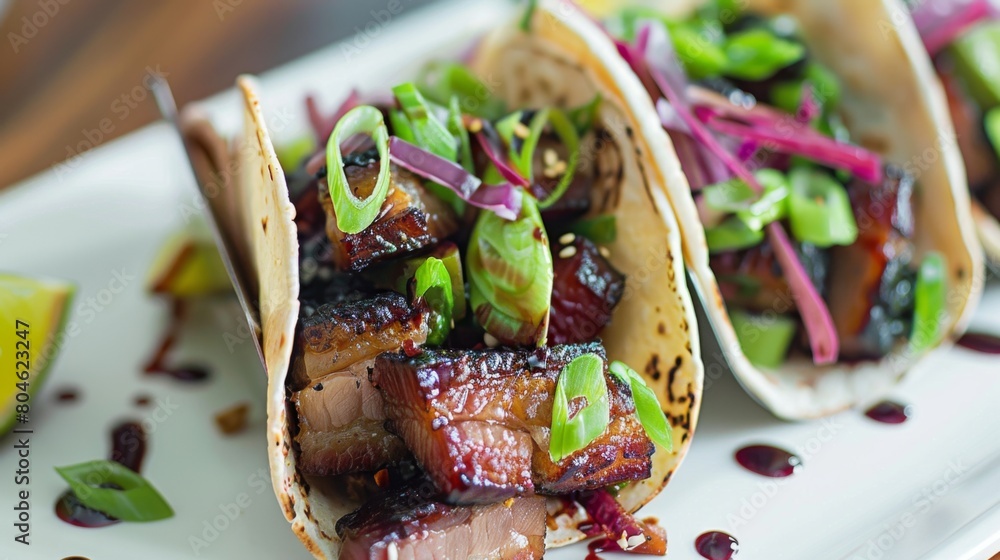 Wall mural Asian-inspired tacos filled with tender slices of triple-layer pork belly, a fusion of flavors.