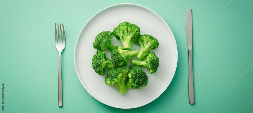Wall mural An image featuring neatly arranged steamed broccoli on a white plate, positioned against a distraction-free clear background, photographed from an overhead angle, highlighting the presentation of the  - Wall murals
