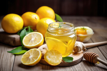 generated illustration ginger tea with lemon and honey on a wooden table