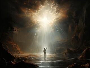 A dramatic painting of a man standing in a river with his arms raised to the sky. He is surrounded by dark clouds and bright light.