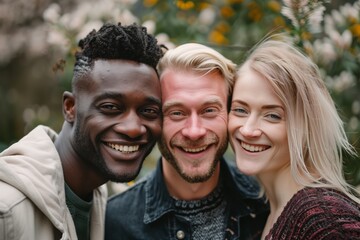 Happy Polyamorous people, Smiling blond Scandinavian man sharing his wife with a black african man living in a Polyamorous relationship	