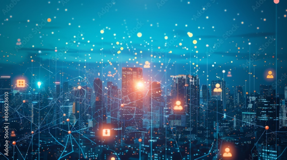 Poster Big data connection technology. Cityscape telecommunication and communication network concept.