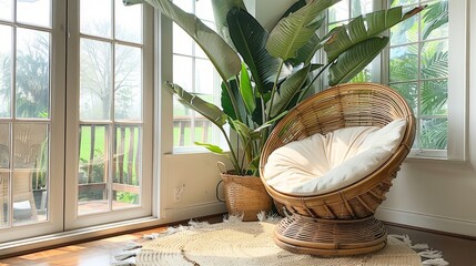 Sunlit Conservatory with Wicker Papasan Chair and Lush Indoor Plants Biophilic Design