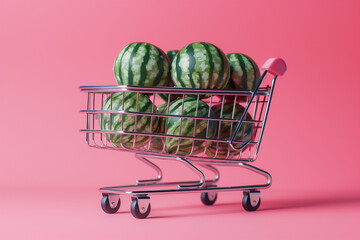 A shopping cart full of watermelon. Summer shopping, summer discounts, promotion. Postcard with watermelon.