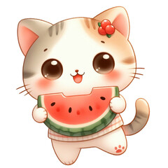 graphic with a little cat eating juicy watermelon