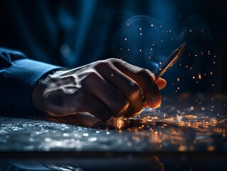 A hand holding a pencil in front of a dark background. The pencil is held in the center of the image. The hand is surrounded by a blue light.