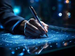 A person is writing on a glass table with a digital interface. The table is covered in a grid of blue lines. The person is wearing a dark suit.