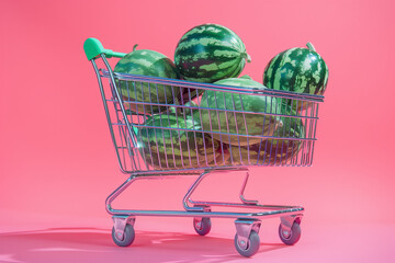 A shopping cart full of watermelon. Summer shopping, summer discounts, promotion. Postcard with watermelon.